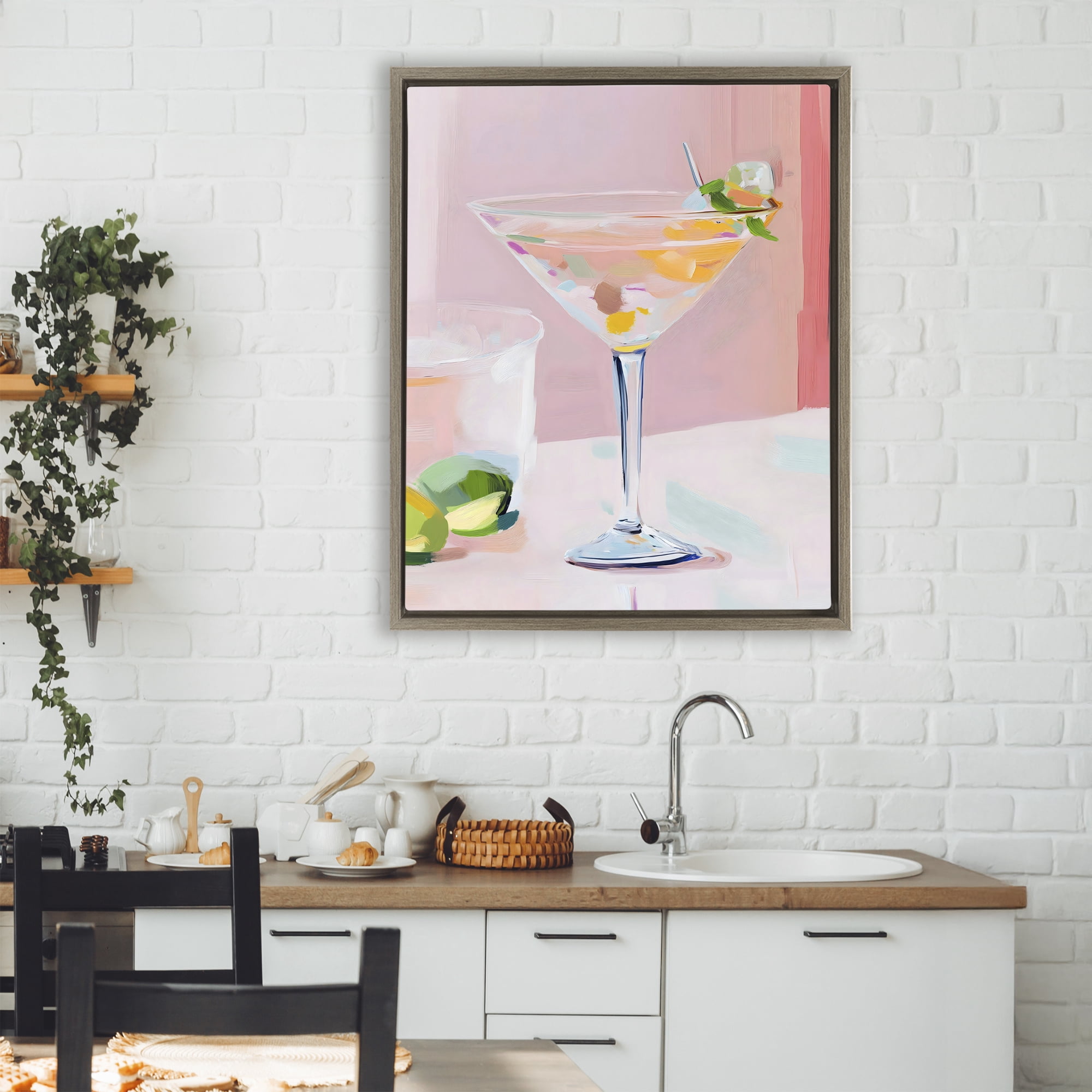 Stupell Industries Pink Martini Bar with Lime Brown Framed Floater Canvas Wall Art, design by The Prints Vibe