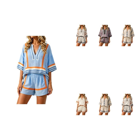 Women Boho Striped Linen Blend 2 Piece Outfit Set, V Neck Batwing Sleeve Loose Top Elastic Waist Casual Shorts For Summer Beach Vacation