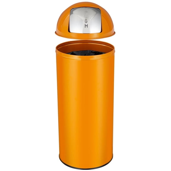 17 Gallon Commercial Trash Can - Heavy Duty Push Lid Stainless Steel Bin for Kitchen, Office & Outdoor Use (65L, Brushed Metal with Orange Accent)