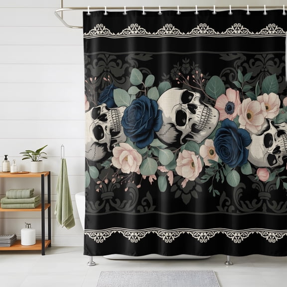 Shower Curtains for Bathroom, Halloween Waterproof Fabric Shower Curtain, Boho Horror Skull Flower Leaf Black Decorative Bathroom Curtain for Bathtub, 36"x72", No Hooks Included