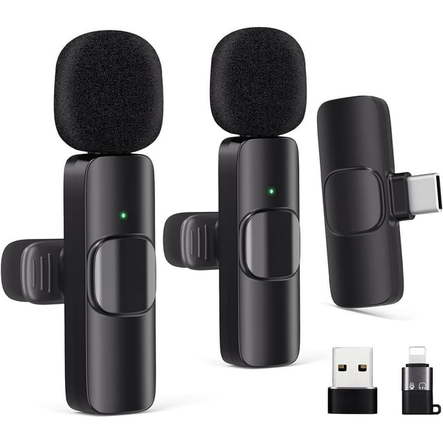 PinesC Wireless Lavalier Microphone for Android//Computer/Laptop, Wireless Mic for 15 with Noise Reduction Chip, Mini Microphone for Recording Podcast YouTube, (2 Pack)