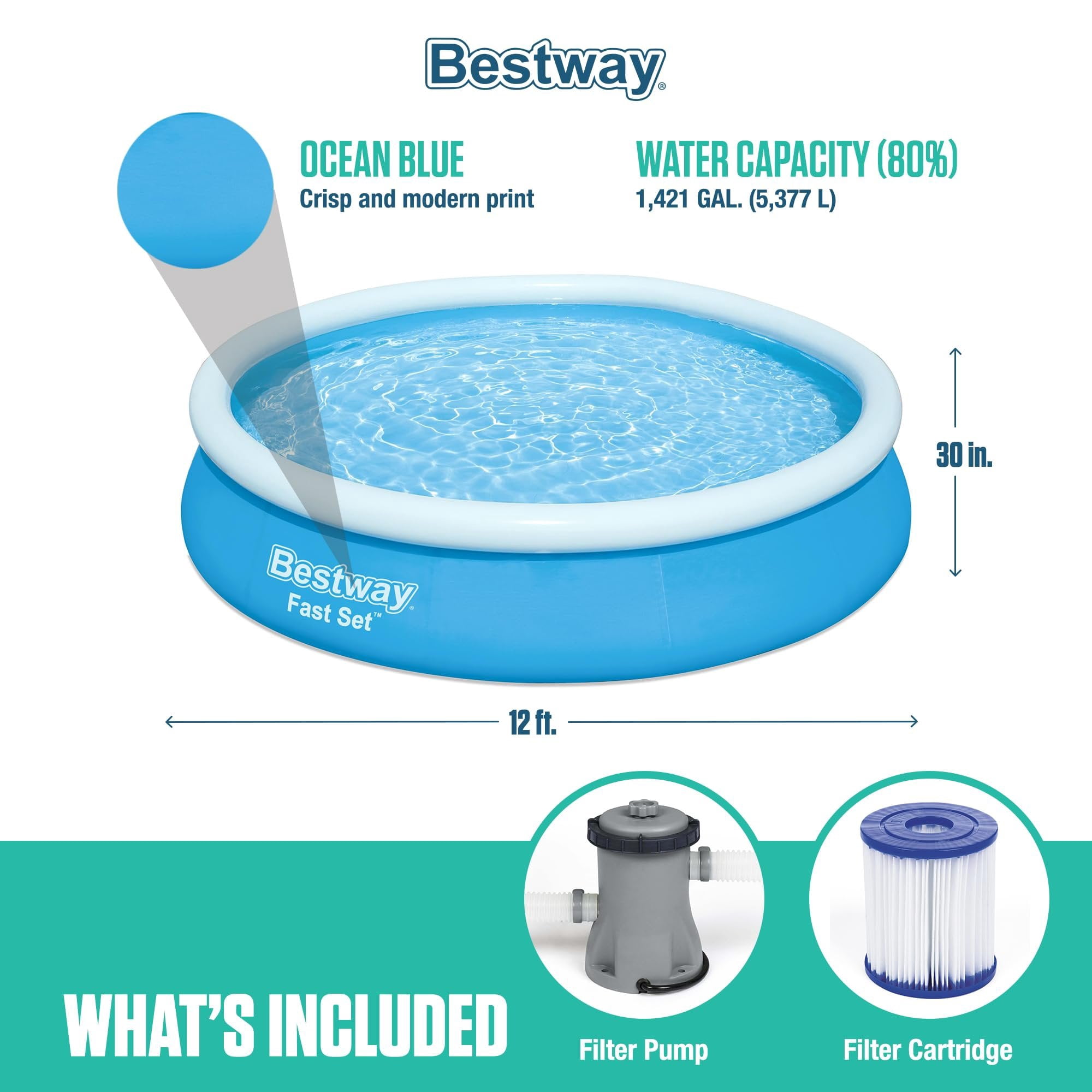 Bestway 57275E Fast Set Up 12ft x 30in Inflatable Above Ground Swimming Pool w/330 GPH Filter Pump