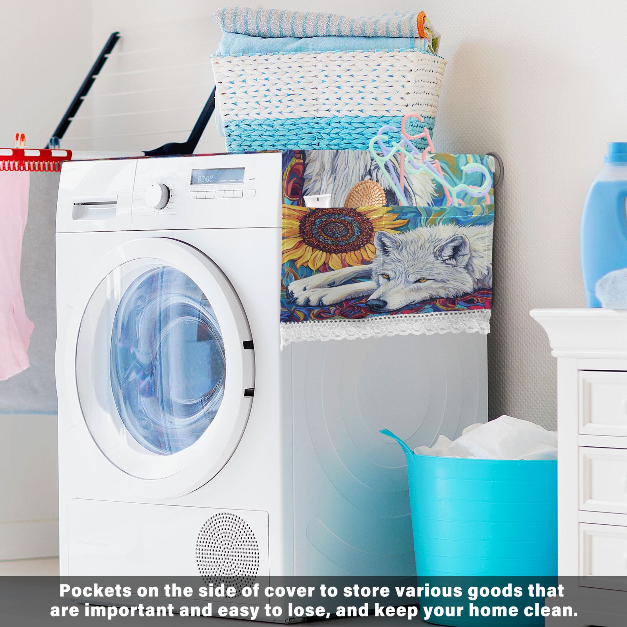 WOBOGO White Wolf with Sunflower Washing Machine Cloth Dryer Refrigerator Top Cover Protective Non-Slip Mat For Kitchen Laundry