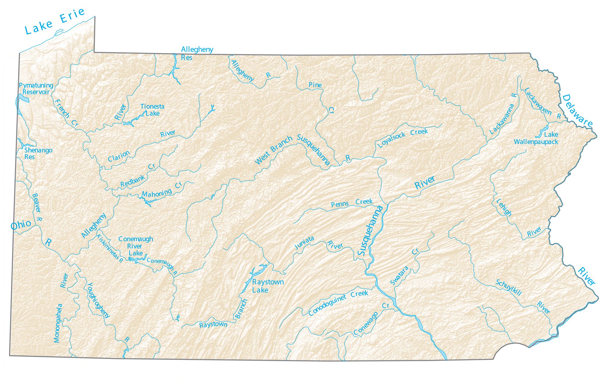 Pennsylvania Lakes and Rivers Large MAP Vivid Imagery20 Inch By 30