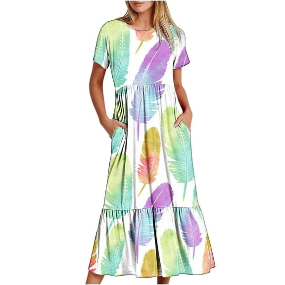 Penkiiy Women's Summer Casual Short Sleeve Crewneck Feather Print Swing Dress Flowy Tiered Maxi Beach Dress with Pockets L White