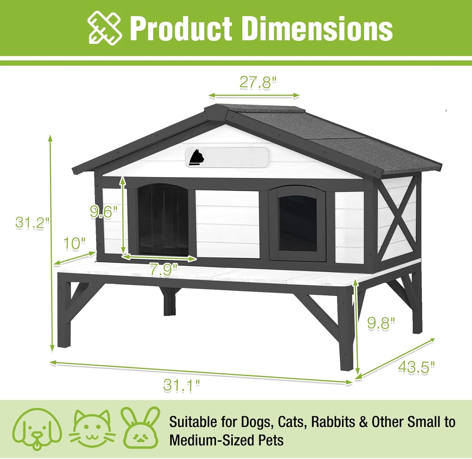 MEDEHOO Heated Cat House for Outside, Outdoor Cat House Weatherproof Insulated Feral Cat Shelter with Anti-Chewing Electric Heating Pad, Elevated Base & DIY Nameplate, 43.5" L(Black and White)