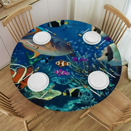 

SHERONV Fish Coral Reef Round Tablecloth Stain-Resistant Waterproof Fabric 46 -50