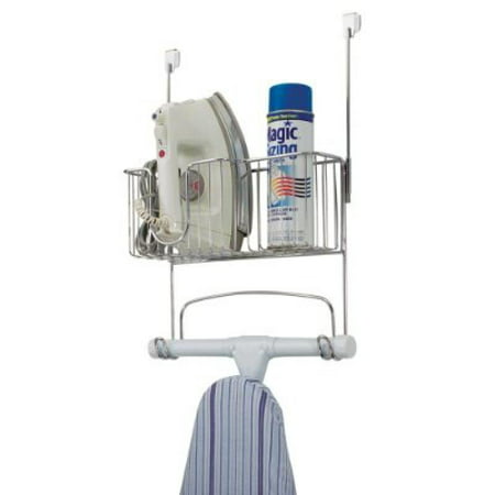 InterDesign Ironing Board Holder with Storage Basket for Clothing Iron - Wall Mount/Over Door,