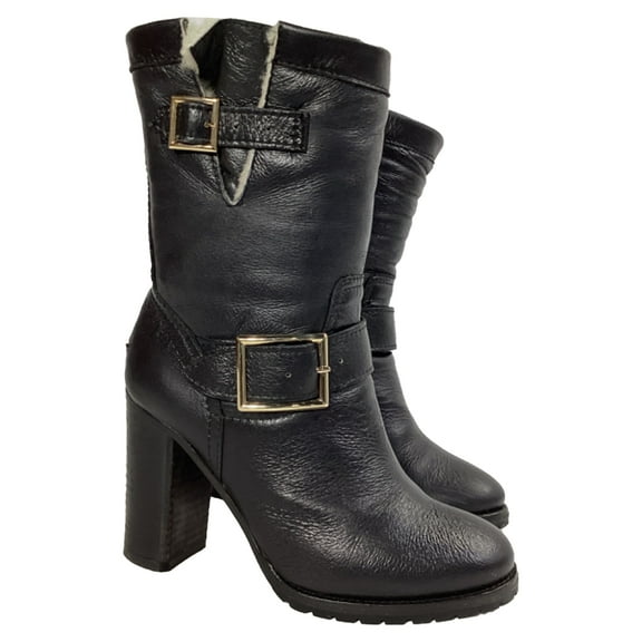 Pre-Owned Jimmy Choo Dart Shear-Lined Biker Boots in Black Leather