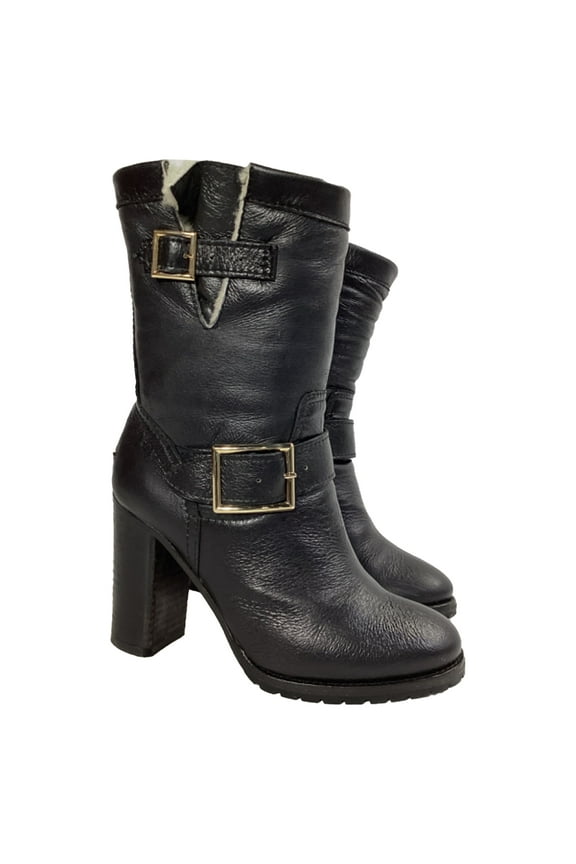 Pre-Owned Jimmy Choo Dart Shear-Lined Biker Boots in Black Leather