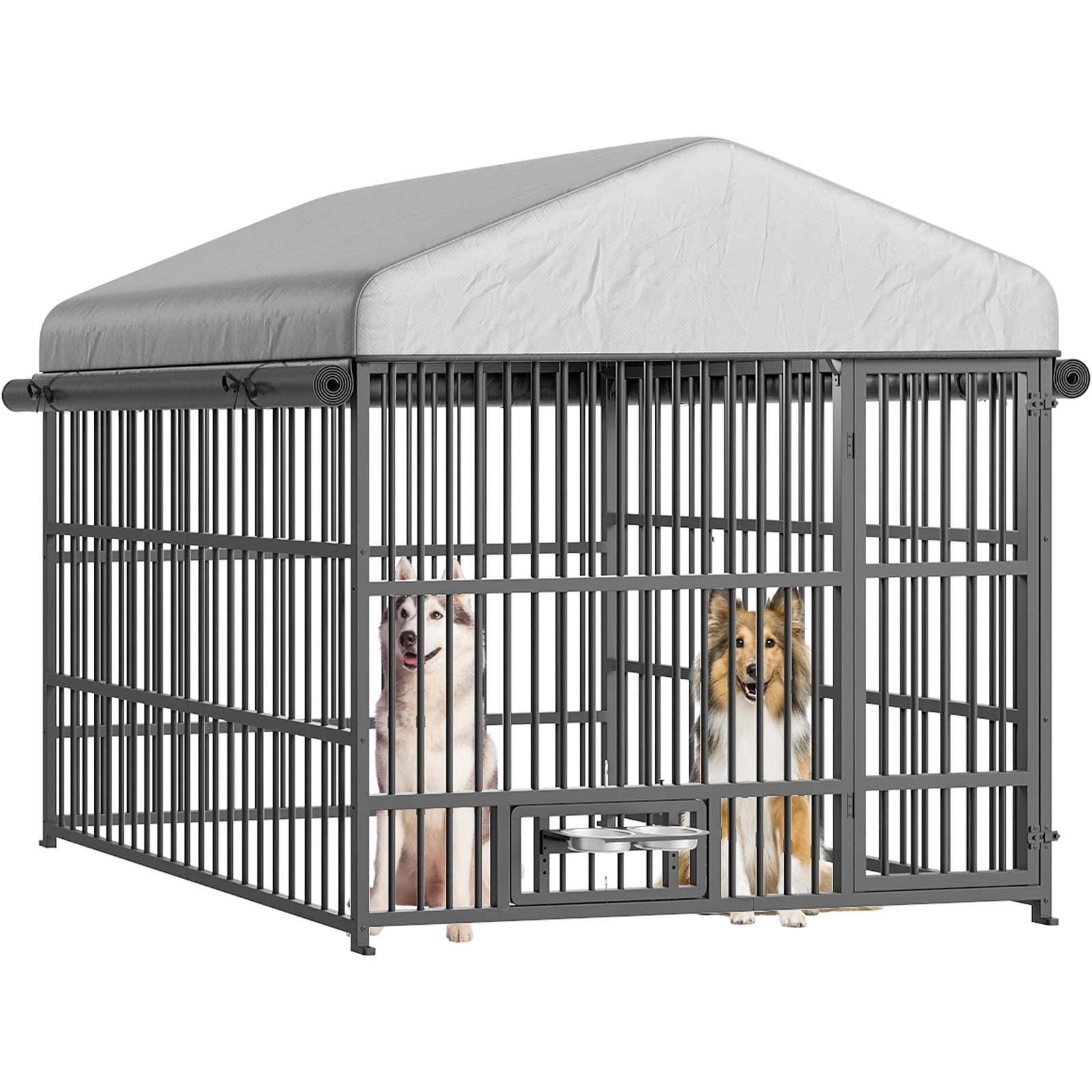 HOOBRO Outdoor Dog Kennel with Cover, 6.6 x 6.6 x 6.4 ft Dog Kennel Outside with Waterproof Roof and Rotating Feeding Bowls, Heavy-Duty Large Cage Enclosure, for Medium & Large Dogs, Black BK220GW03