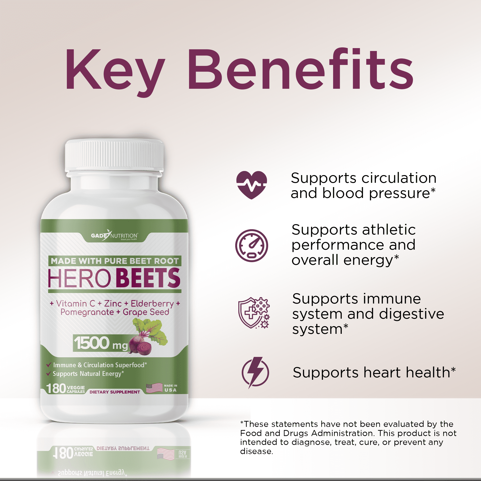 Gade Nutrition Organic Beet Root Capsules 1500 mg with Vitamin C, Zinc, Elderberry, Pomegranate & Grape Seed. Healthy Circulation Vitamins - 3 Months Supply