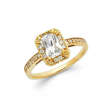 Emerald Side Stones - Jewels By Lux 14K Yellow Gold Emerald Cubic Zirconia CZ Engagement Ring w/Round Side Stones Size 5.5