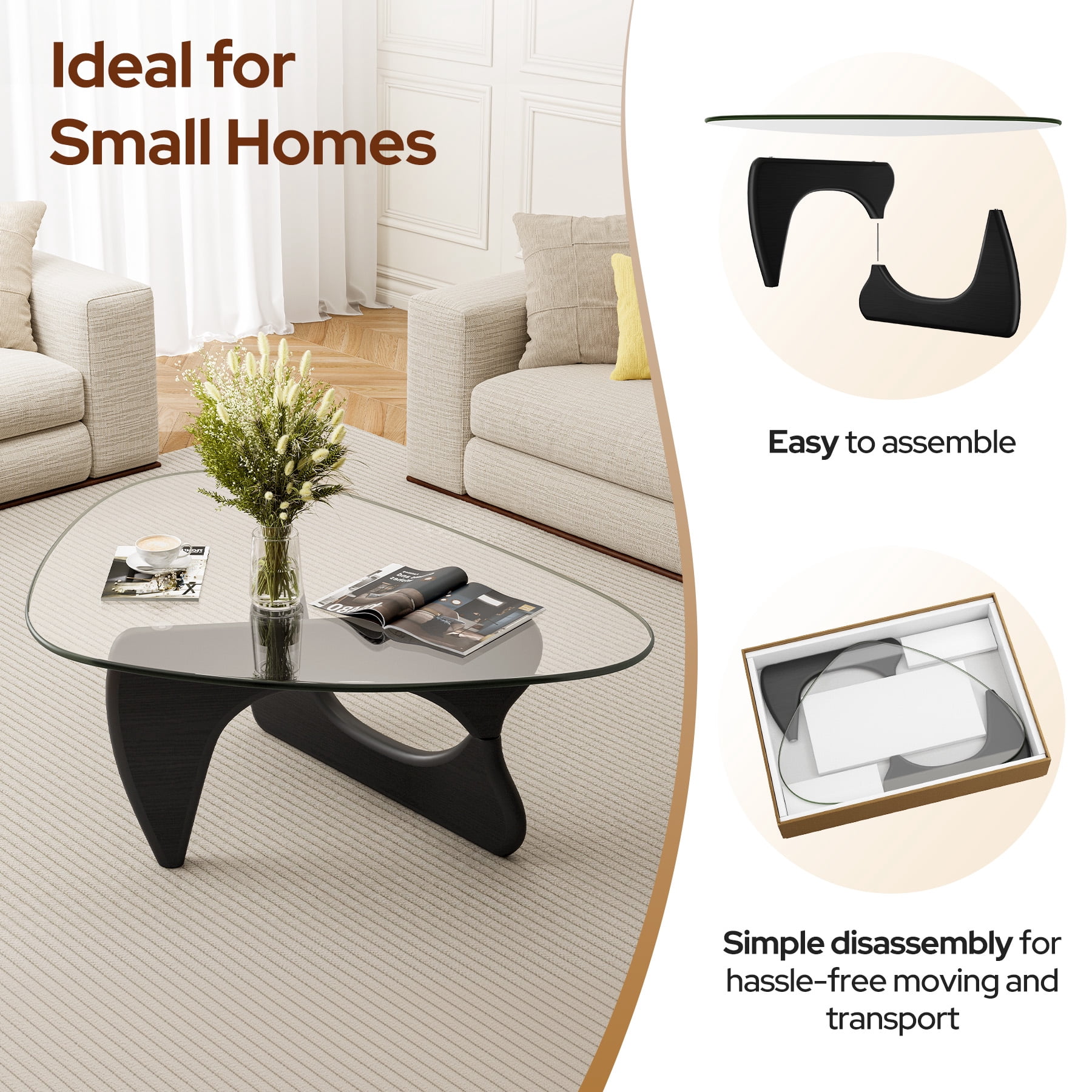 Modern Glass Coffee Table for Living Room for Bedroom Living Room, Office, Black, 35"