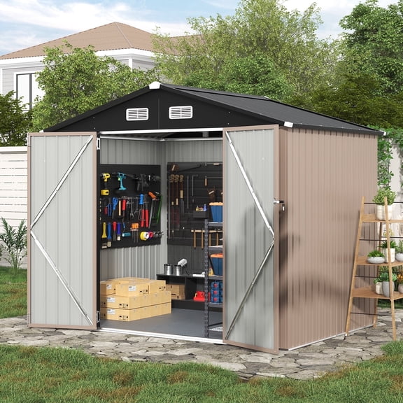 Clouddwell 8 x 6 ft Storage Shed with Floor (15mm) & Double Doors - Galvanized Steel, Brown