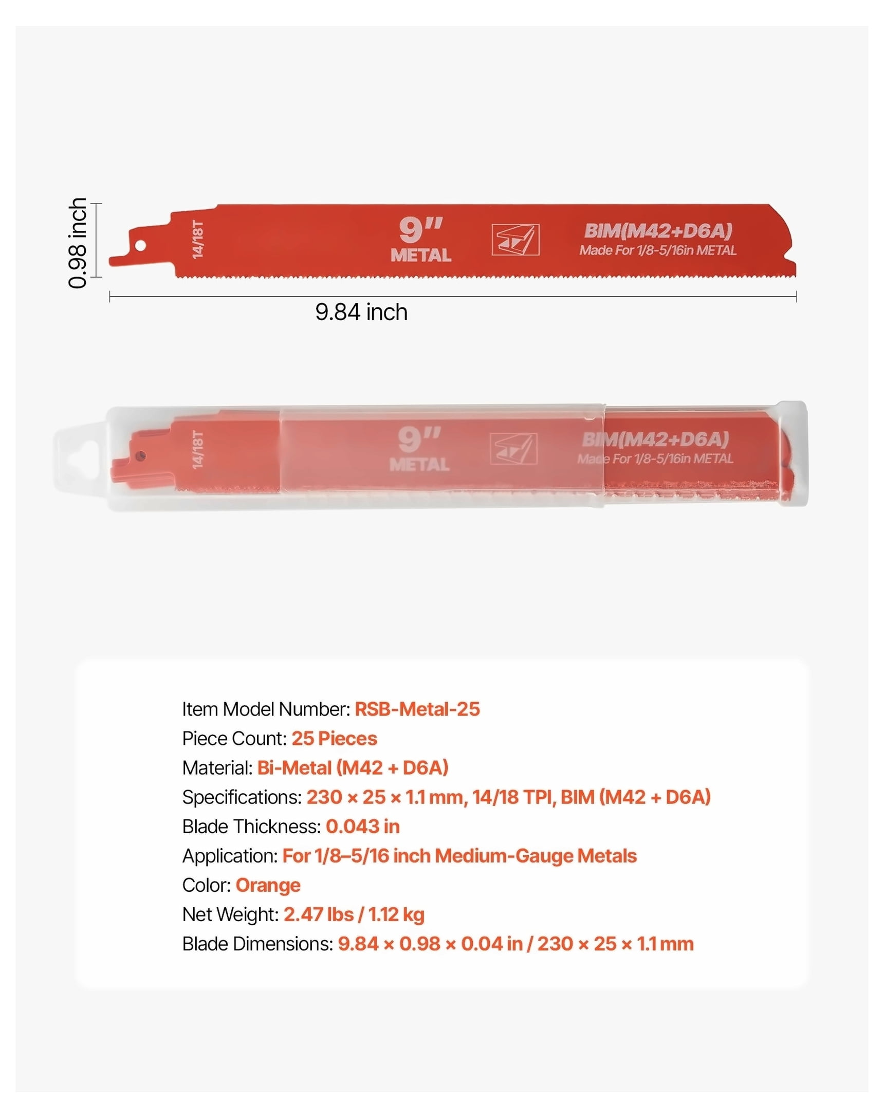 Reciprocating Saw Blades, 25 Pack, 14/18 TPI Bi-Metal Reciprocating Saw Blade Set with Universal Shank, Sharp Teeth for Fast and Smooth Cuts, for Cutting 1/8-5/16 inch Medium Metals, Orange