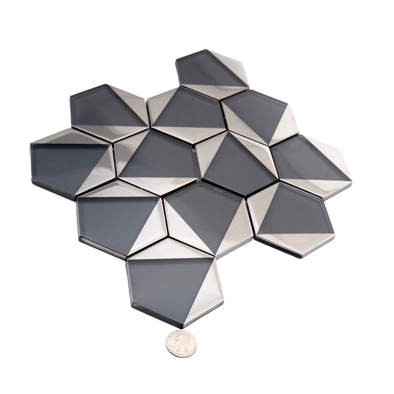 Mirari 9x11 in. Gray Glossy Glass 3D Trapezoid Mosaic Wall Tile (3.28 sq ft/case, 5-Pack)