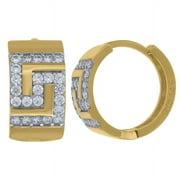 14k Two-Tone Gold Cubic Zirconia Greek Key Huggie Hoop Earrings For Women