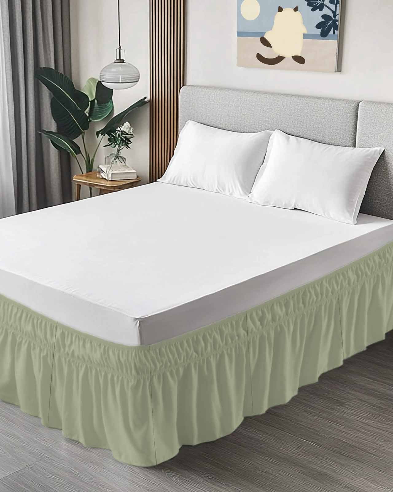 Sage Green Bed Skirt Solid Color Bed Skirts Queen Size 16 Inch Drop, Wrap Around Dust Ruffle&nbsp;Bedskirt with Adjustable Elastic Belt for Queen Size Beds