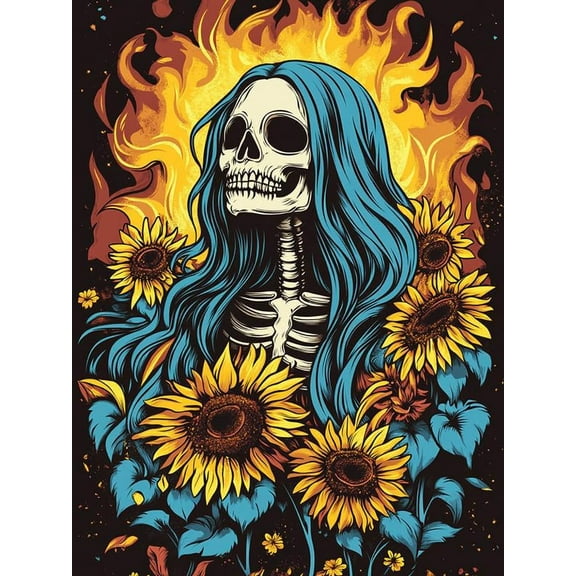 5D DIY Diamond Painting Set "Flame Skull, Sunflower" Round Diamond Art Crafts for Adults, Suitable for Wall Decoration, Bedroom and Home Decoration