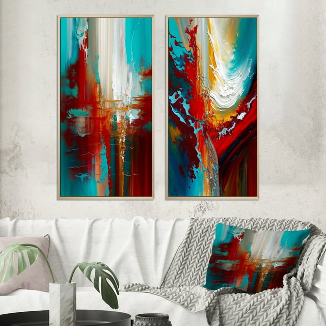 Designart "Rythmes de Sarcelle Éveil Abstrait I" Peinture Abstraite Encadrée Ensemble d'Art Mural de 2 - Ensemble d'Art Mural Encadré Rouge Moderne de 2