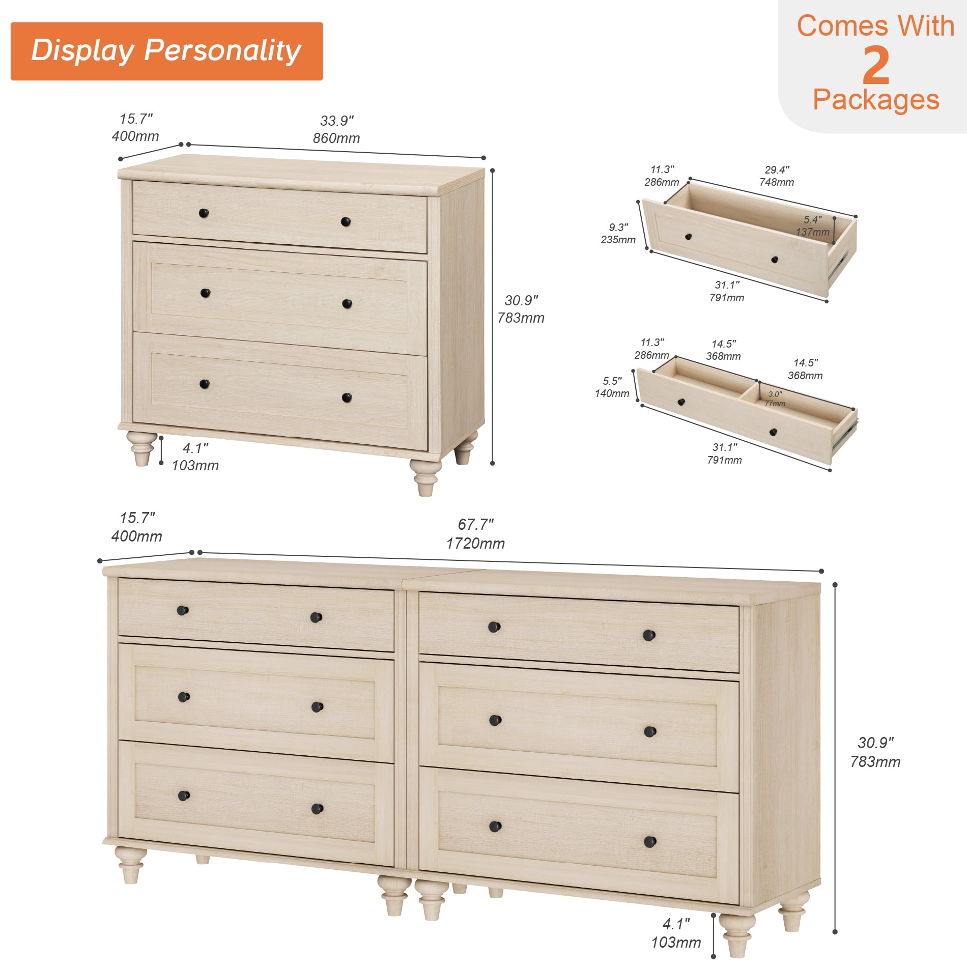 Farmhouse Dresser for Bedroom with 3 Drawers, Mid Century Modern Kids Dressers with Wood Closet Storage Organizer, Small Dressers for Nursery, Hallway, Living Room, Beige