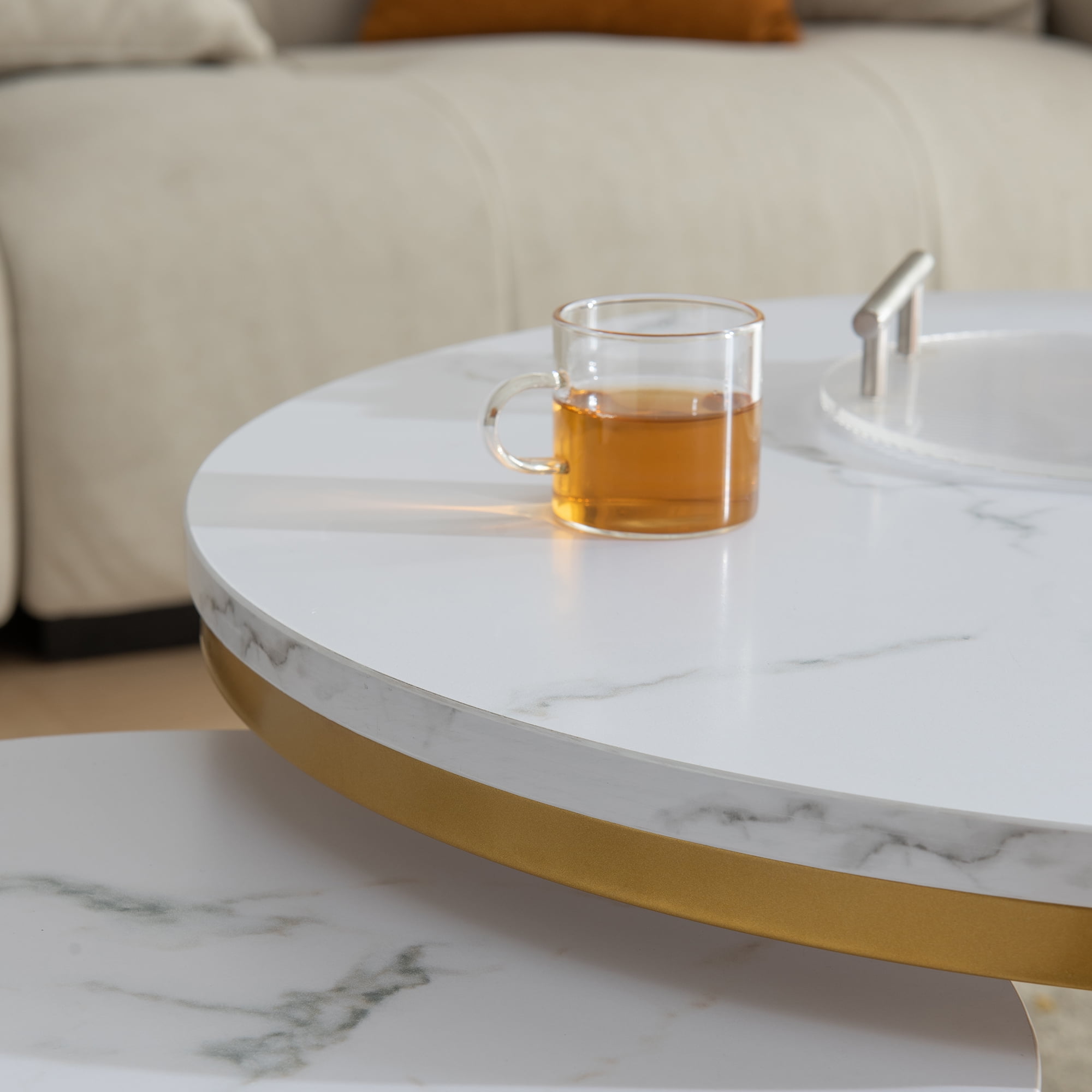 Kepooman Nesting Coffee Table Set of 2, Round Tea Table with Marble Color Top, Round Sofa Center Table for Office, Gold Kepooman Nesting Coffee Table Set of 2, Round Tea Table with Marble Color Top, Round Sofa Center Table for Office, Gold