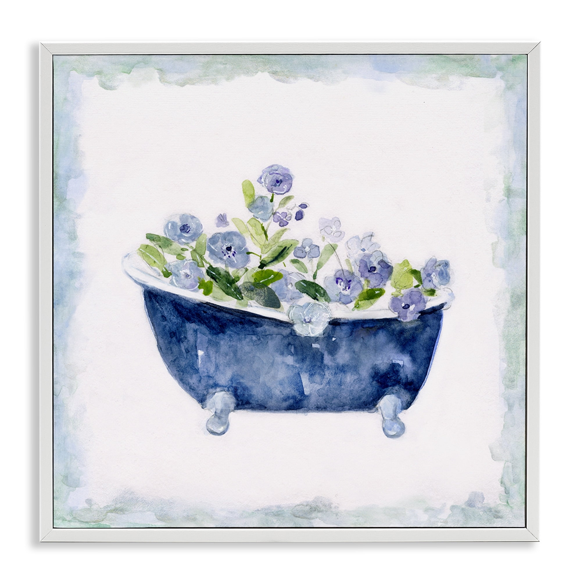 Stupell Industries Charming Blue Bathtub Botanical Floral Design Watercolor Border, 17 x 17, Design by Sally Swatland