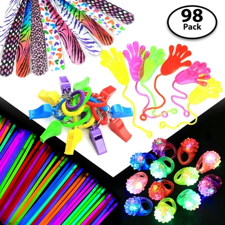 Glow Set (Party Gift Favors Set for Kids – 50x Glow Sticks + 12x Whistles +12x Slap Bands + 12x Flashing Rings - Great Party Prizes for Birthday, Loot Bags, Classrooms, Grab)