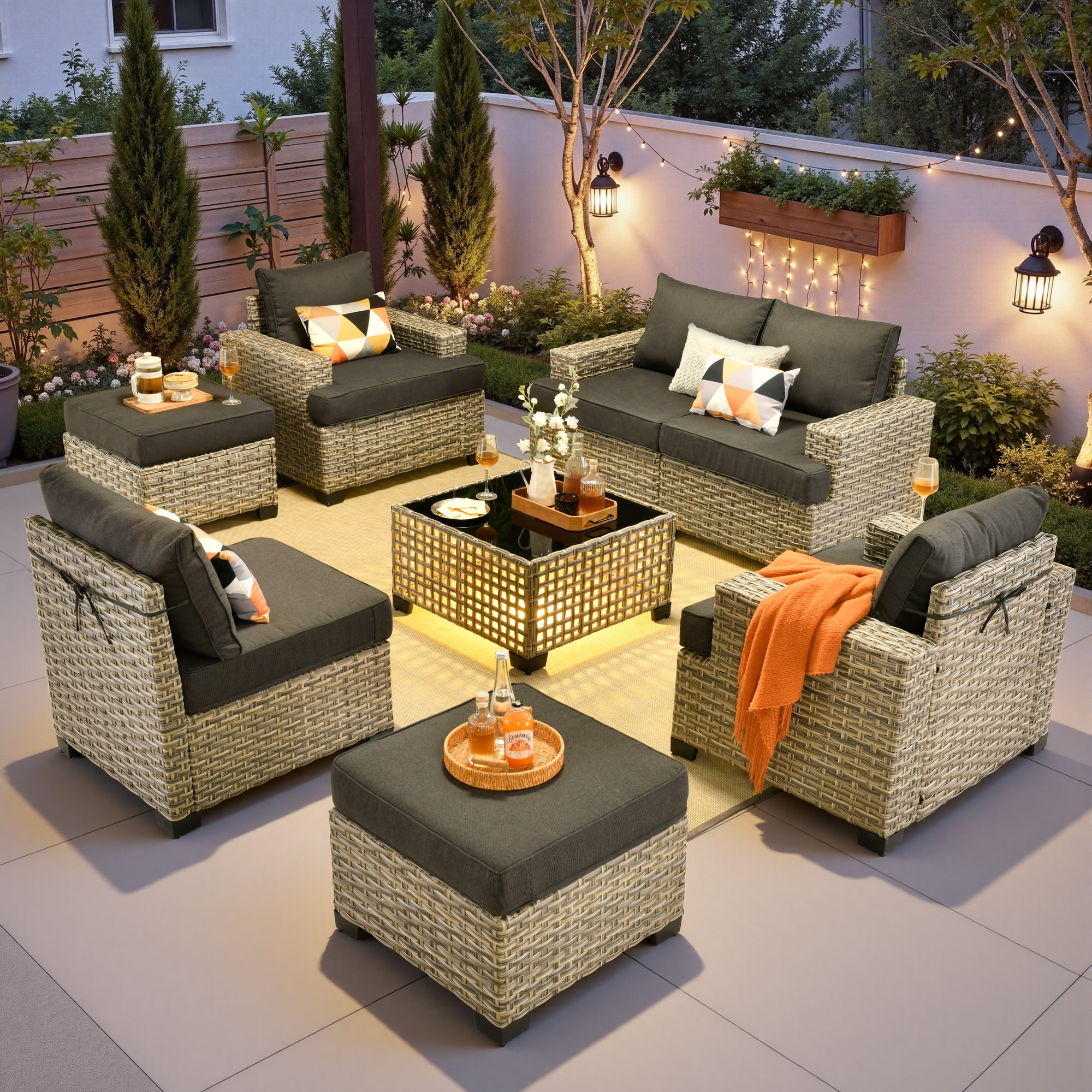 Ovios 8-Piece Outdoor Patio Furniture Set with Solar-Powered Lighted Coffee Table All-Weather Wicker Conversation Seating with Ottomans, Black
