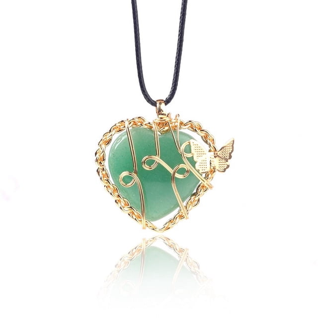 Zhuge Colgante de collar, hecho a mano, con un colgante de mariposa con forma de árbol de la vida envuelto en seda. Collar de piedra de cristal natural en forma de corazón (verde)