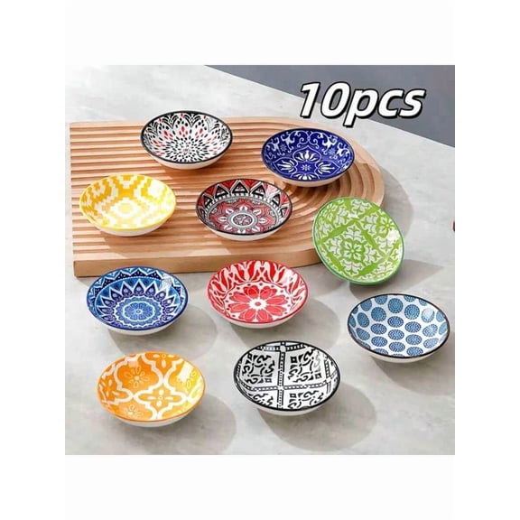 10-Pack Bohemian Ceramic Condiment Plates - Small Round Sauce/Dessert Dishes for Home/Party/Holiday Gifts