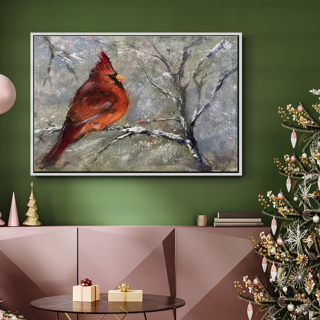Cardinal in Snow II - Framed Gallery Wrapped Holiday Canvas - 25 x 37 - White Frame