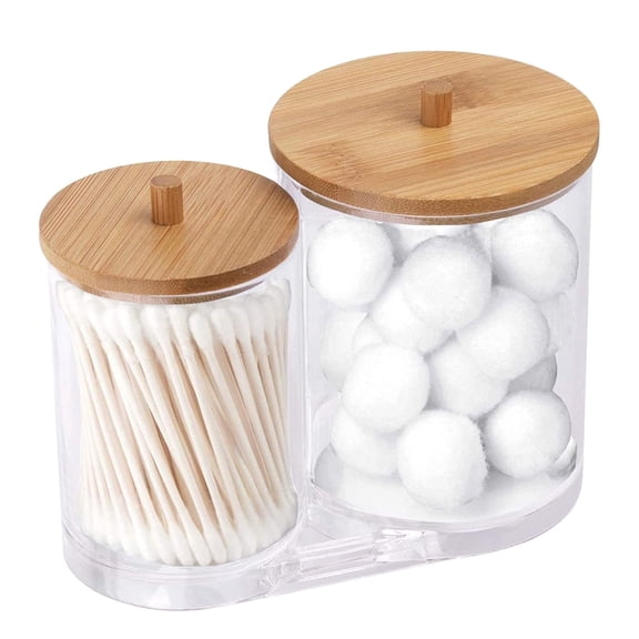 RUseeN Qtip Holder Dispenser with Bamboo Lids, Clear Plastic Apothecary Jar Set for Cotton Swab, Ball, Pads, Floss Dust and Moisture Resistant Jar Containers for Vanity Makeup Organizer Storage