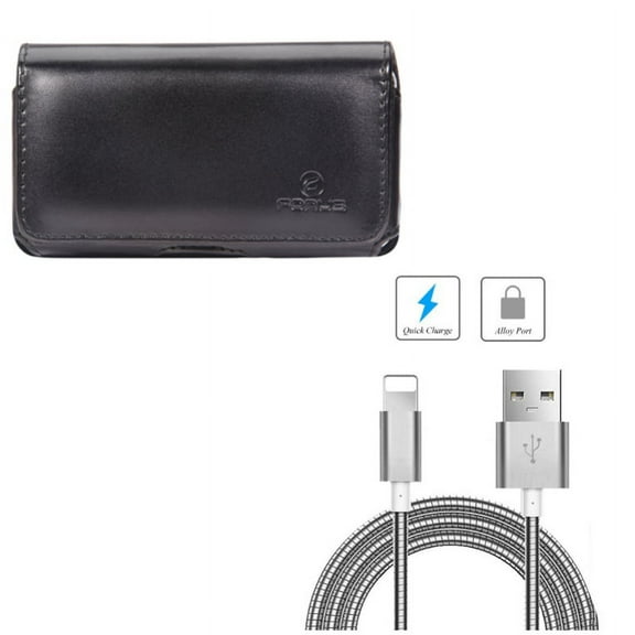 Metal USB Cable w Case Belt Clip for iPhone 8/7/6S/6 - 3ft Charger Cord Power Wire Sync, Leather Swivel Holster Loops Cover for iPhone 8/7/6S/6 Models