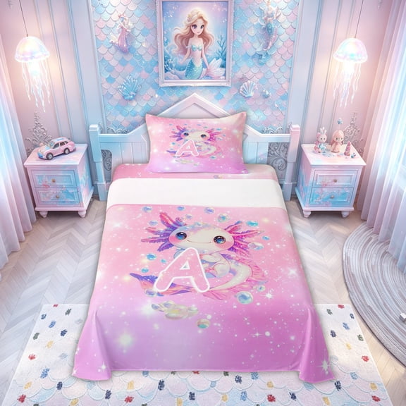 meiyoeat Cute Axolotl Letter A Print Twin Sheets for Boys Girls, Galaxy Animal Bedding, Pink Purple, Pink Reversible, 1 Flat Sheet, 1 Fitted Sheet and 1 Pillowcase