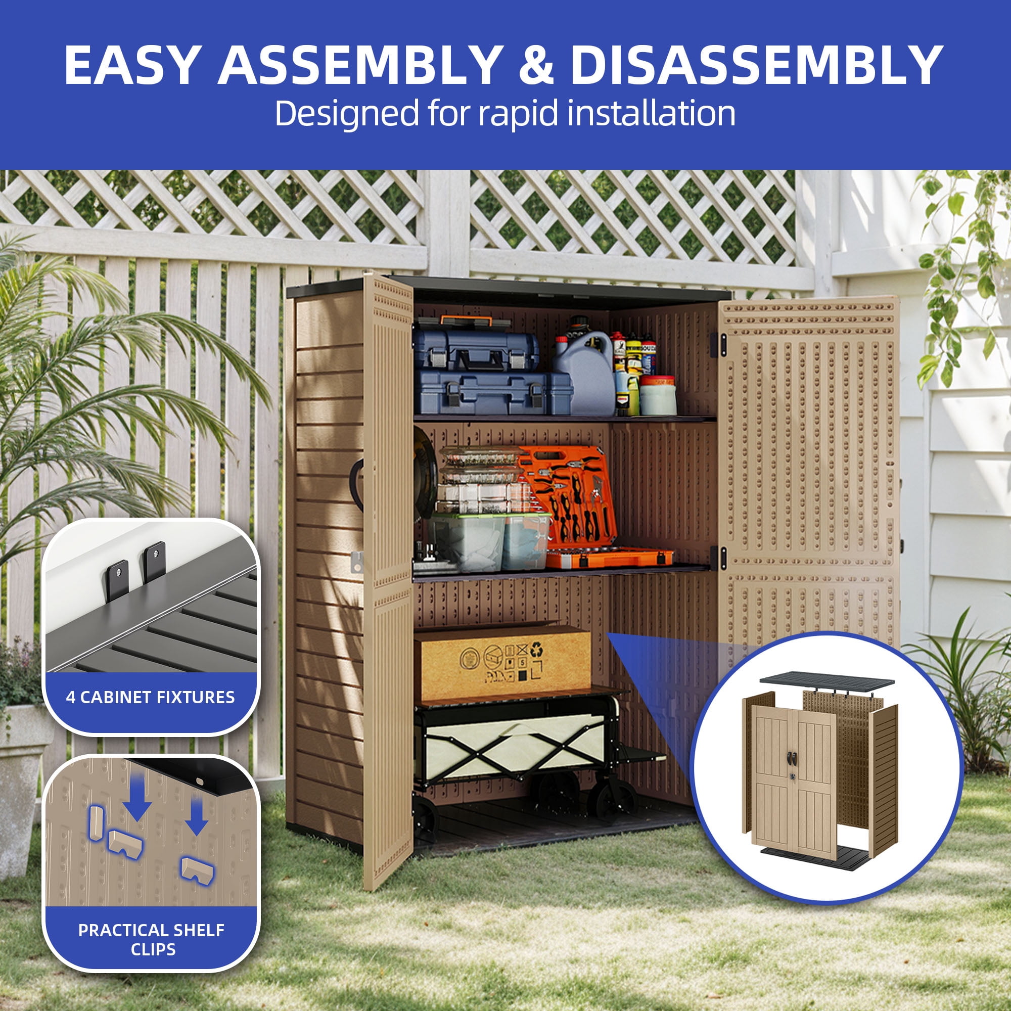 Uforic Outdoor Storage Shed, 59 Cu Ft Tool Shed Ideal for Garden, Garage & Patio, Lockable Door, Brown