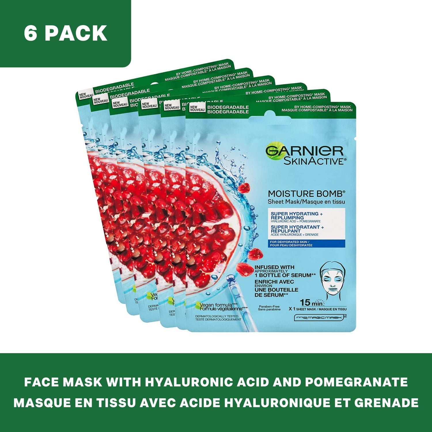 Garnier Moisture Bomb Face Mask, Super Hydrating Sheet Mask with Hyaluronic Acid and Pomegranate, SkinActive, 6 Pack
