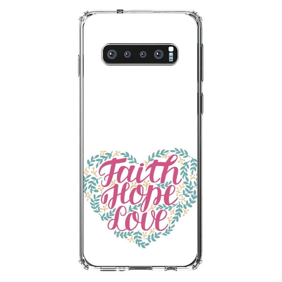 DistinctInk Clear Shockproof Hybrid Case for Samsung Galaxy S10 (6.1" Screen) - TPU Bumper, Acrylic Back, Tempered Glass Screen Protector - Faith / Hope / Love - Floral