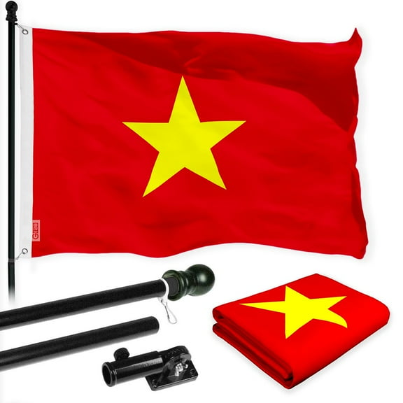 G128 Combo Pack: 6 Ft Tangle Free Spinning Flagpole (Black) & Vietnam Flag 3x5 Ft Printed 150D Polyester, Brass Grommets (Flag Included) Aluminum Flag Pole