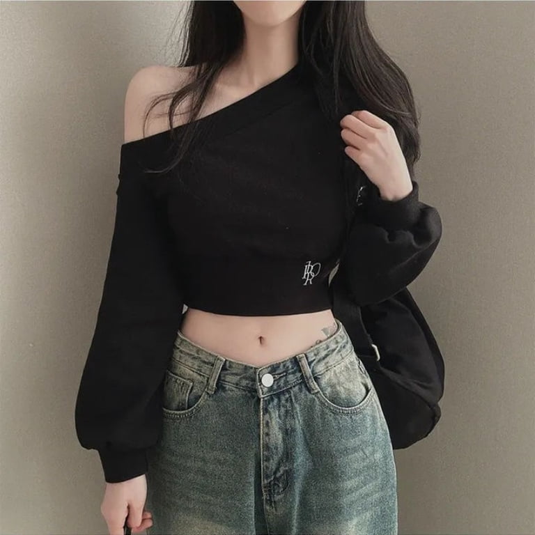 Sexy Slash Neck Off Shoulder Hoodies High Waist Long Sleeve Y2k