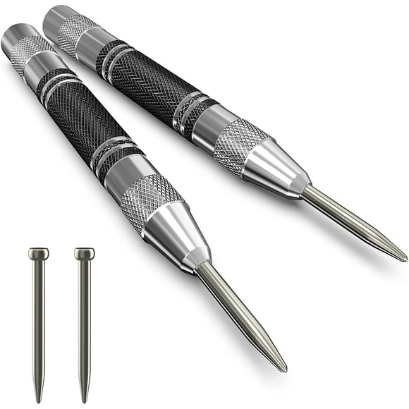 TFixol 2 Pack Automatic Center Punch, 5 inch Heavy Duty Steel Spring Loaded Center Hole Punch with Adjustable Tension Punch Tool for Metal Wood Glass Plastic