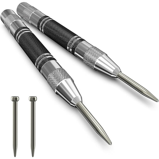 TFixol 2 Pack Automatic Center Punch, 5 inch Heavy Duty Steel Spring Loaded Center Hole Punch with Adjustable Tension Punch Tool for Metal Wood Glass Plastic