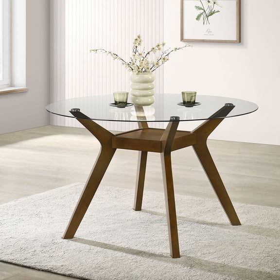 Flynn Brown Round Glass Top Wood Dining Table