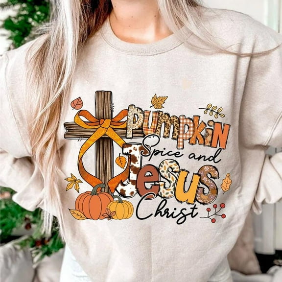 Pumpkin Spice and Jesus Christ Sweatshirt, Fall Christian Shirt with Doodle Lettering, Leopard Pumpkin, Bible Verse Autumn Faith SWEAT Sweatshirt BO120760
