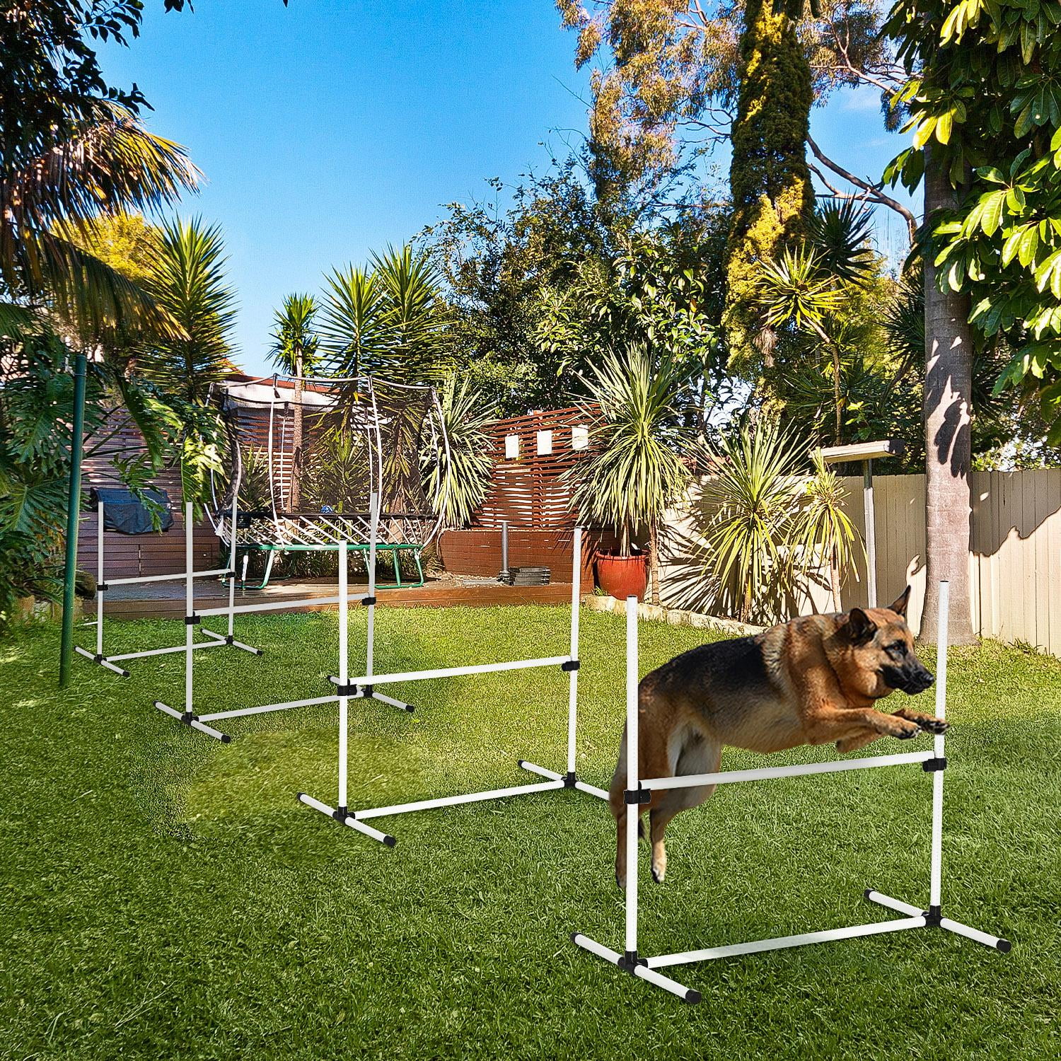 4 Piece Dog Agility Training Equipment for Dog Agility Course with Adjustable Height Jump Bars, Included Carry Bag, & Displacing Top Bar, White