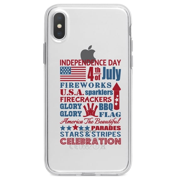 DistinctInk Clear Shockproof Hybrid Case for iPhone X / XS (5.8" Screen) - TPU Bumper Acrylic Back Tempered Glass Screen Protector - Independence Day Word Art