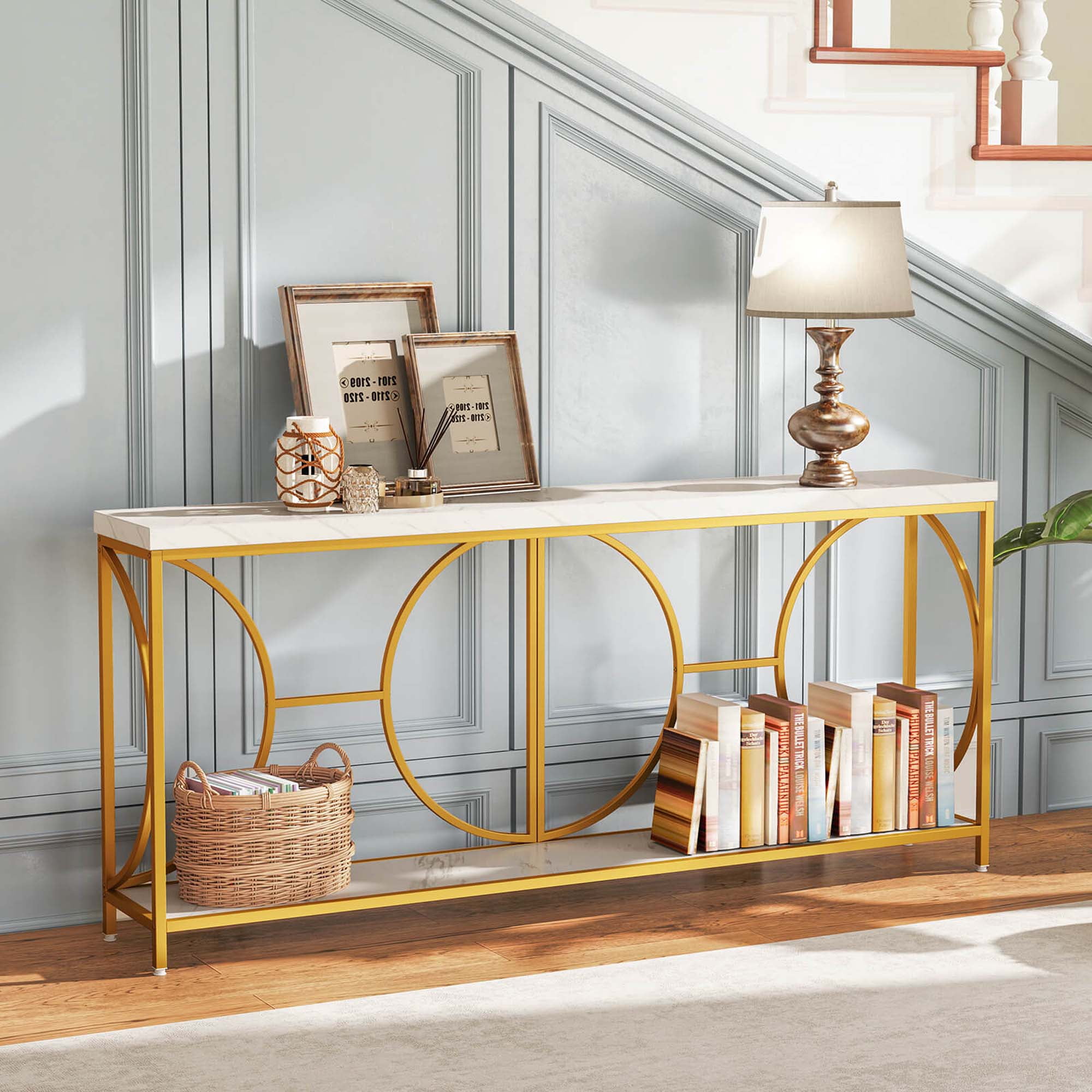 Costway 2-Tier Faux Marble Top Console Table 71" Narrow Console Table for Entryway