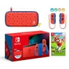2021 New Nintendo Switch Mario Red & Blue Limited Edition with Mario Iconography Carrying Case and Screen Protector Bundle With Mario Golf: Super Rush And Mytrix Joystick Caps