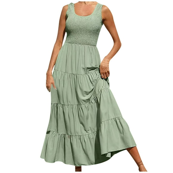 QIPOPIQ Womens Smocked Sleeveless Tiered Long Dresses Clearance